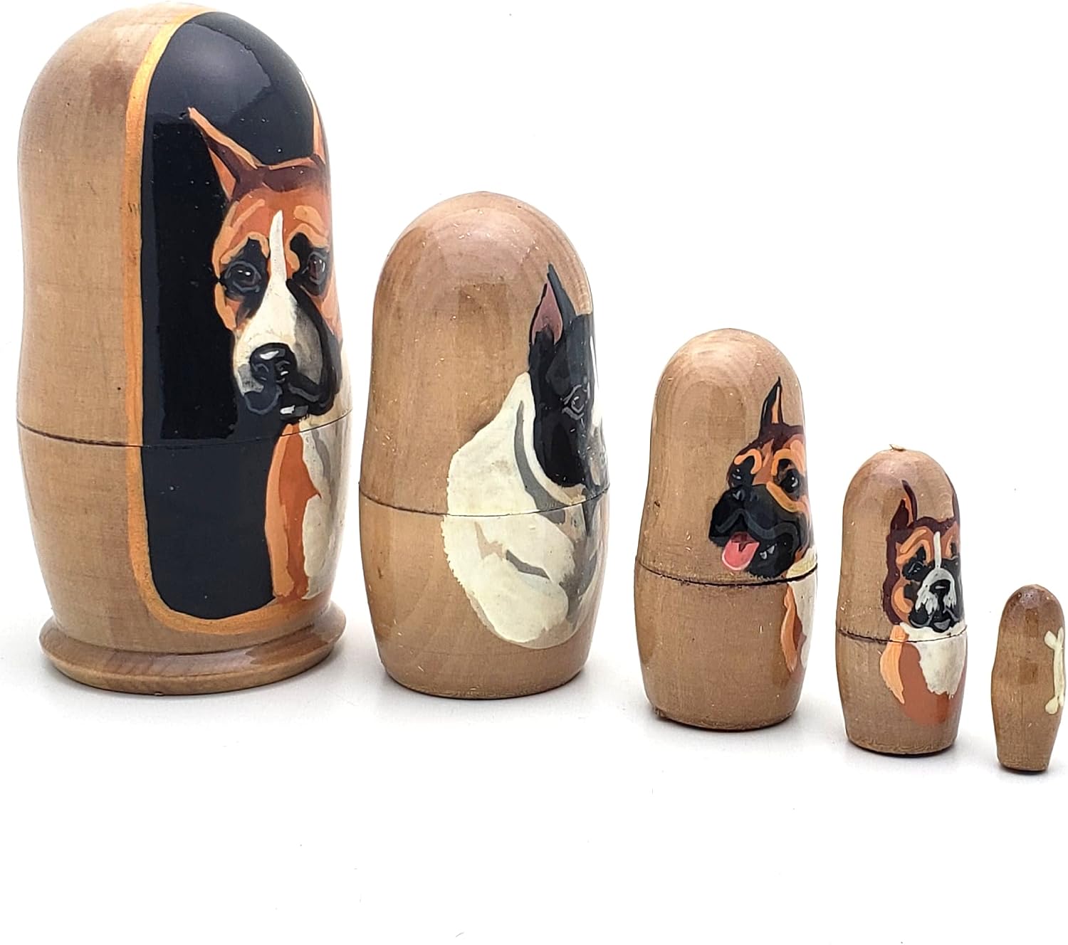 Boxer Dog Breed Nesting Dolls Russian Handcrafted 5 Piece Matryoshka Puppy Stacking Set 4" H