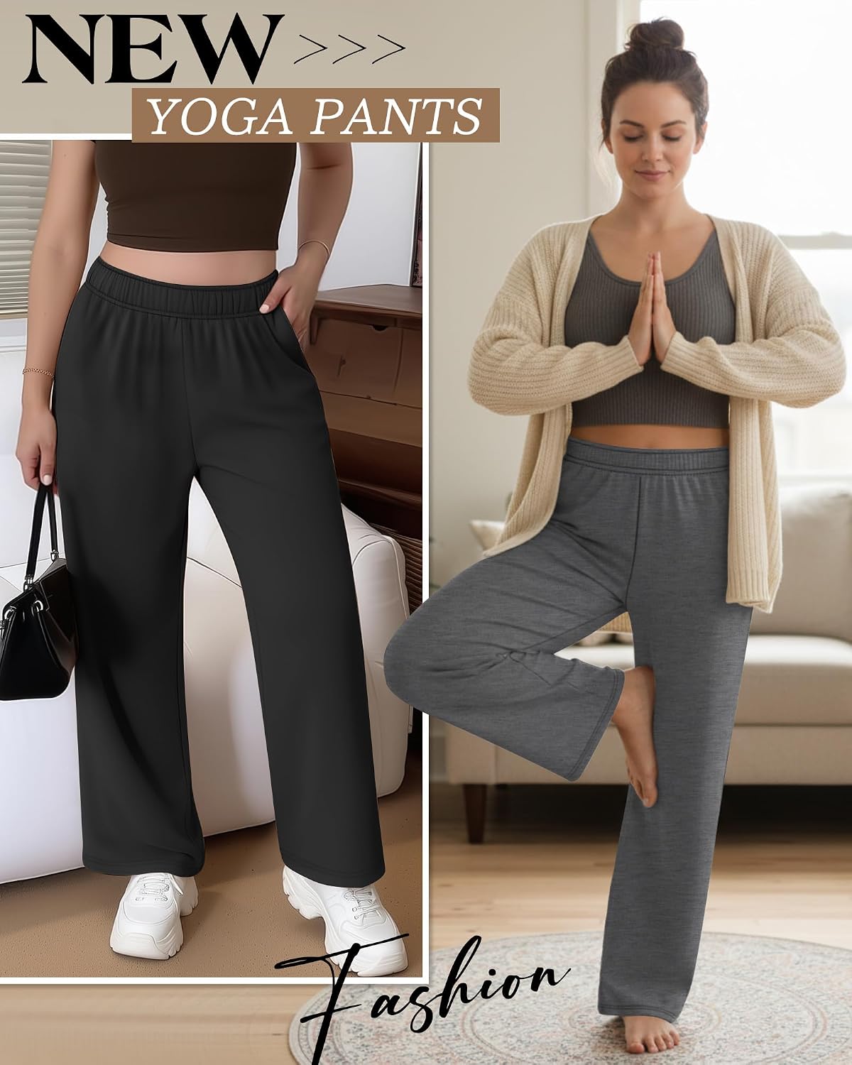 August Alley 3 Pack Women's Plus Size Wide Leg Yoga Pants, Baggy High Waist Lounge Pants, Drawstring Sweatpants with Pockets