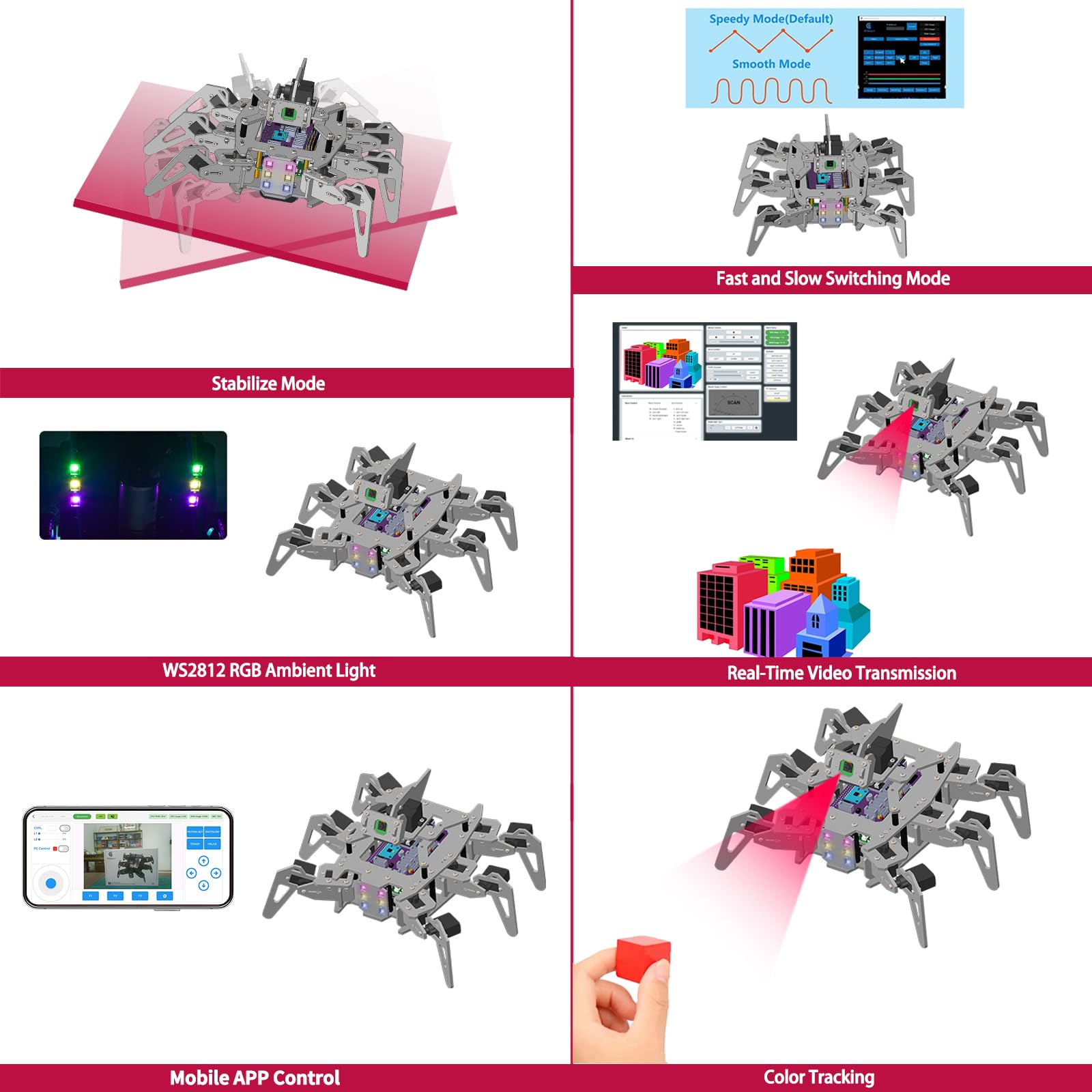 Adeept RaspClaws Hexapod Spider Robot Kit für Raspberry Pi 4/3 Modell B+/B, STEAM Crawling Robot, OpenCV-Zielverfolgung, Videoübertragung,PDF-Handbuch