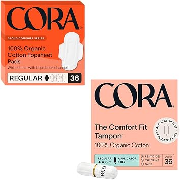 Cora Organic Feminine Care | Regular Pads With Wings and Non-Applicator Tampons | Ultra-Absorbent, Unscented, Natural, Non-Toxic | 36 Pads and 36 Tampons | Bundle Pack