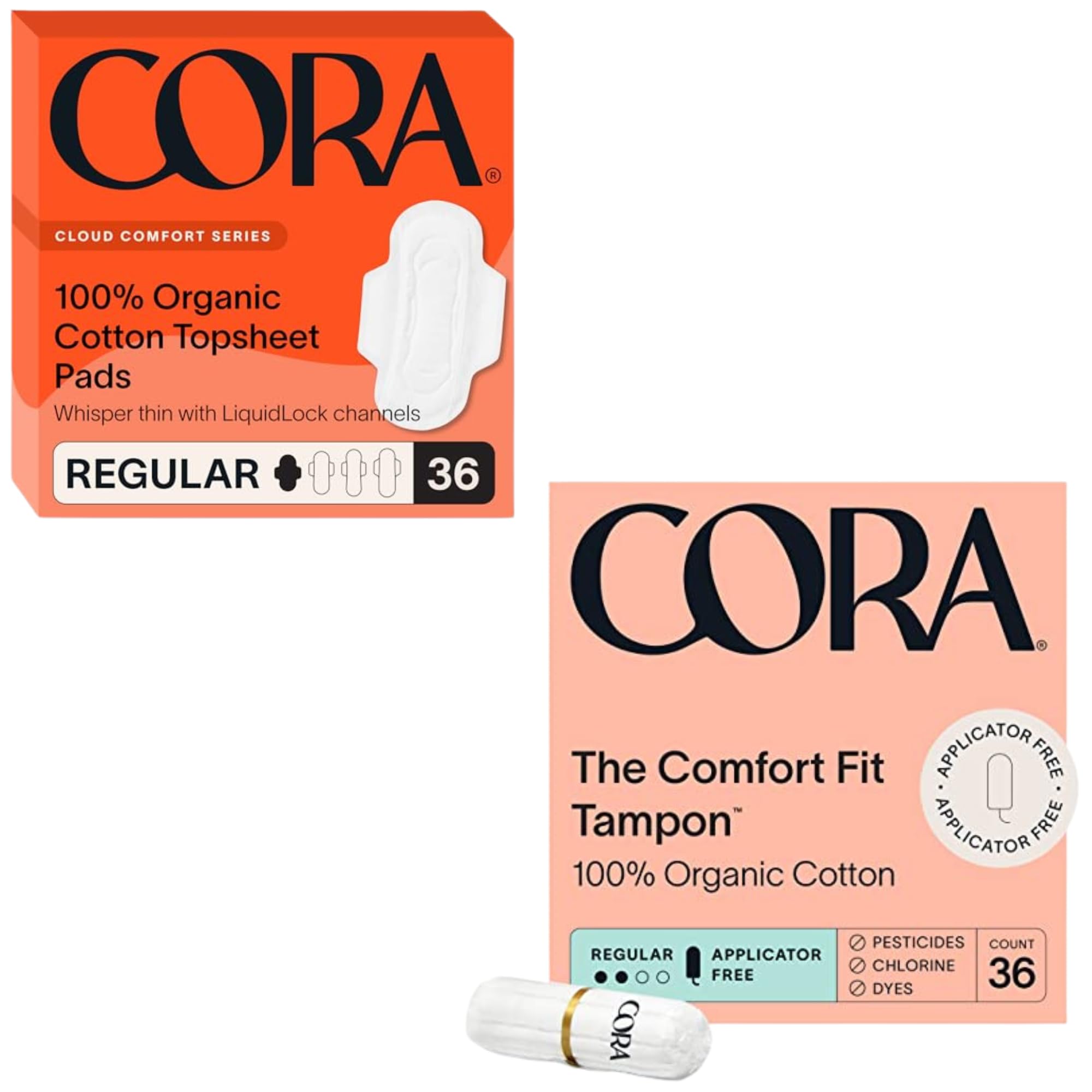 Cora Organic Feminine Care Regular Pads With Wings and Non-Applicator Tampons Ultra-Absorbent Unscented Natural Non-Toxic 36 Pads and