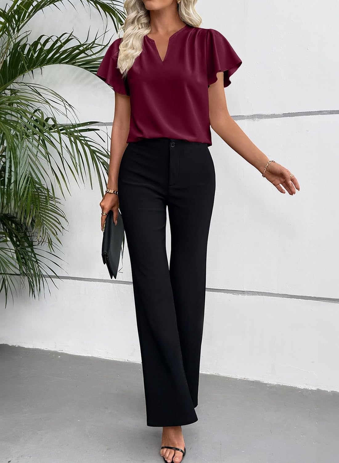 EVALESS Blouses for Women Dressy Casual Summer Ruffle Short Sleeve V Neck Work Tops Busines Office Shirts - Image 7