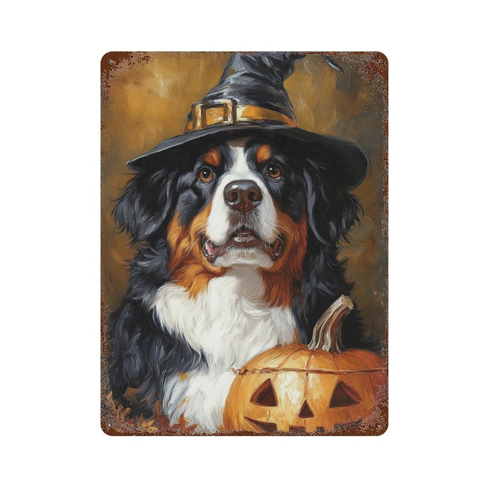 Halloween Dog with Jack-o'-Lantern-1 Rustic Tin Plaque 15.7"x11.8", Rustic Home Decor for Office, Studio And Wall Decor