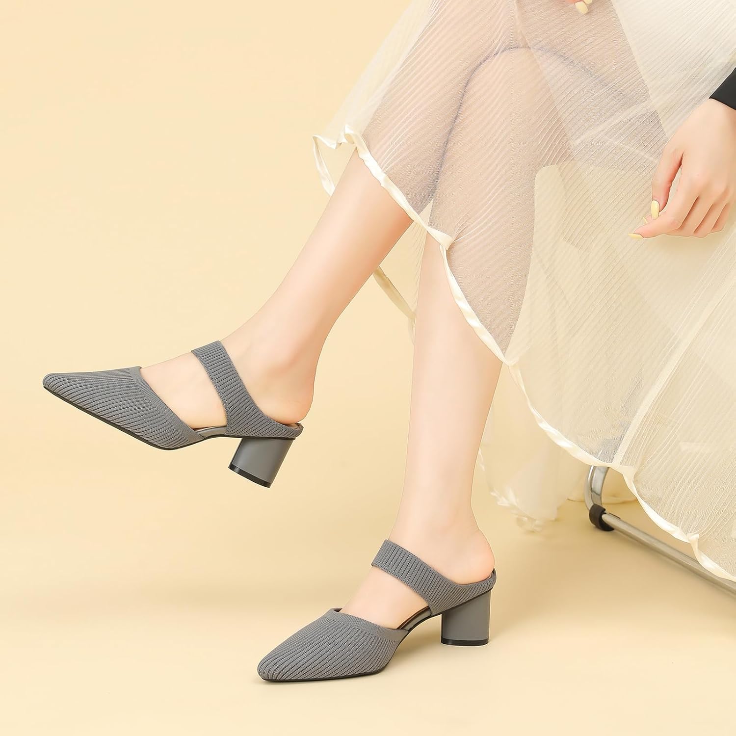 Women's Knit Pointed Toe Chunky Heel Mules Fashion Mesh Breathable Closed Toe Backless Block Heel Slip On Dressy Pumps Summer Casual Work Office Wedding Heeled Sandals - Image 6