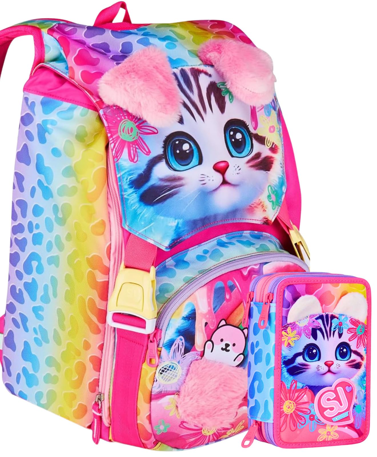 School Pack Zaino Estensbile con Astuccio 3 Scomparti, Per Seven Sj Fan, Orecchie Sollevabili Cat&Air, Bambina, Pennarelli, Pastelli, Accessori