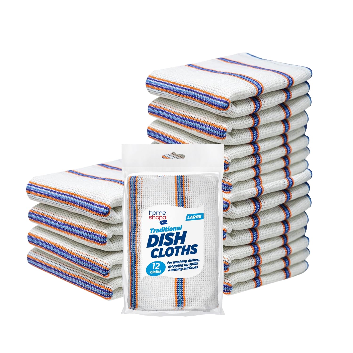 Homeshopa.com White Homeshopa Dish Cloths, 12 Pack Mixed Fibre Antibacterial Super Absorbent Lint Free, Quick Dry Striped Kitchen Towels, Washing Up Dishcloths, 34 X 34Cm