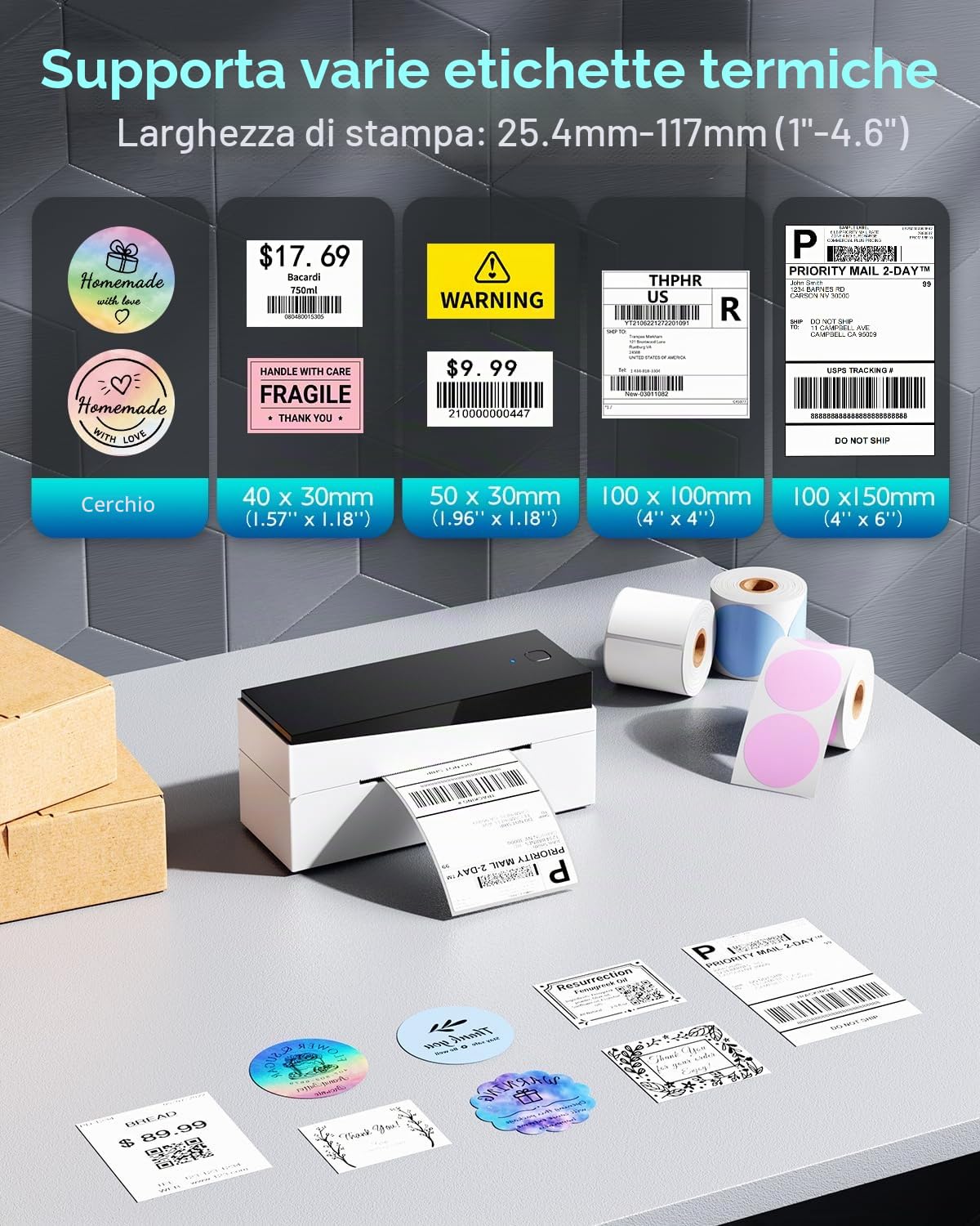 Stampante per etichette termica Bluetooth, stampante per etichette 4x6 per ufficio domestico e business, ampiamente utilizzata per Shopify, Amazon, compatibile con Android, iPhone, Windows
