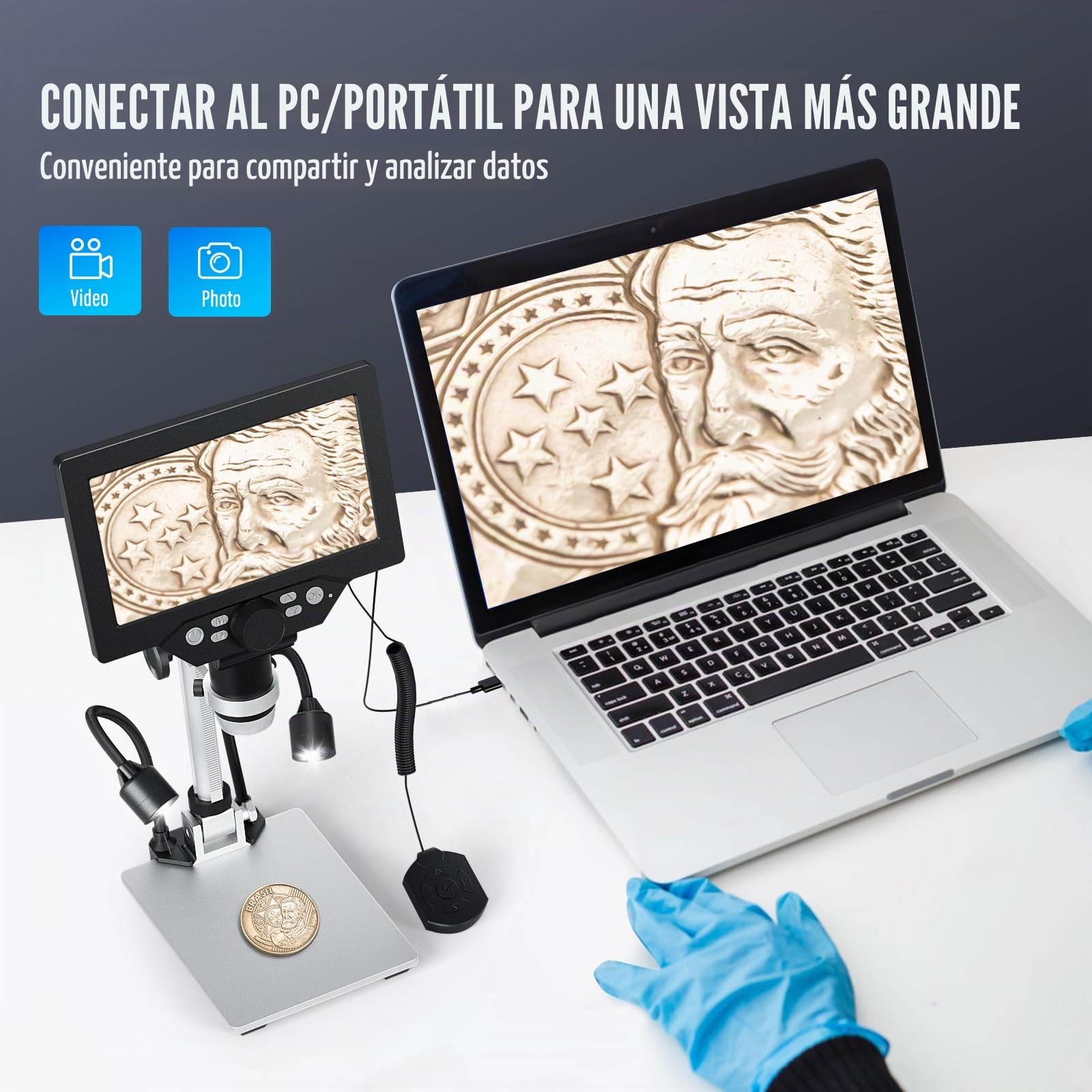 Microscopio Digital 7 Pulgadas, 1200X Aumento 12MP Grabación 1080P con 8 Luces LED Ajustables, Pantalla IPS, Conexión PC para Soldadura, Ciencia, Educación Compatible con Windows