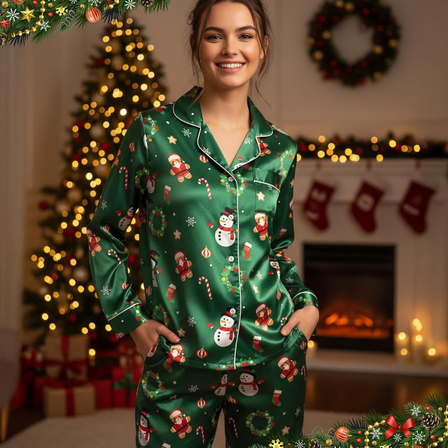 Christmas Women Satin Silk Pajamas Long Sleeve Sleepwear 2 Piece Button Up Pjs Set Xams Soft Loungewear - Image 6