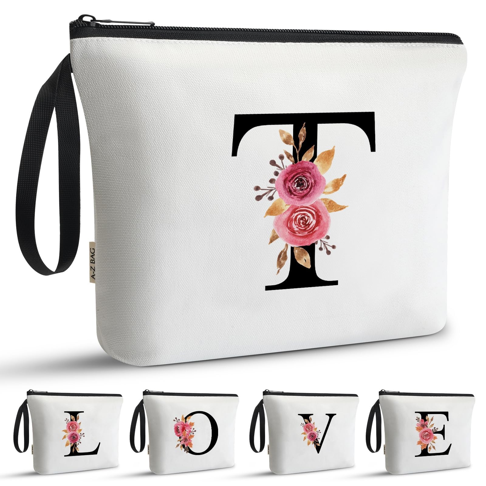 A-Z BAG Personalised Initial Makeup Bag with Floral Letter,Gifts for Women,Mum,Friend,Sister,Teenage Girls,Bridesmaid,Cosmetic Wash Bag & Toiletry Pouch,T