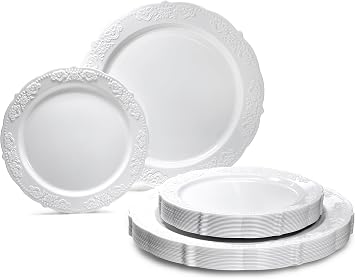 OCCASIONS  100 Plates Pack,50 Guests Vintage Wedding Party Disposable Plastic Plates Set -50x10.25 Dinner + 50x7.5 Salad/Dessert Plate Portofino in Plain White