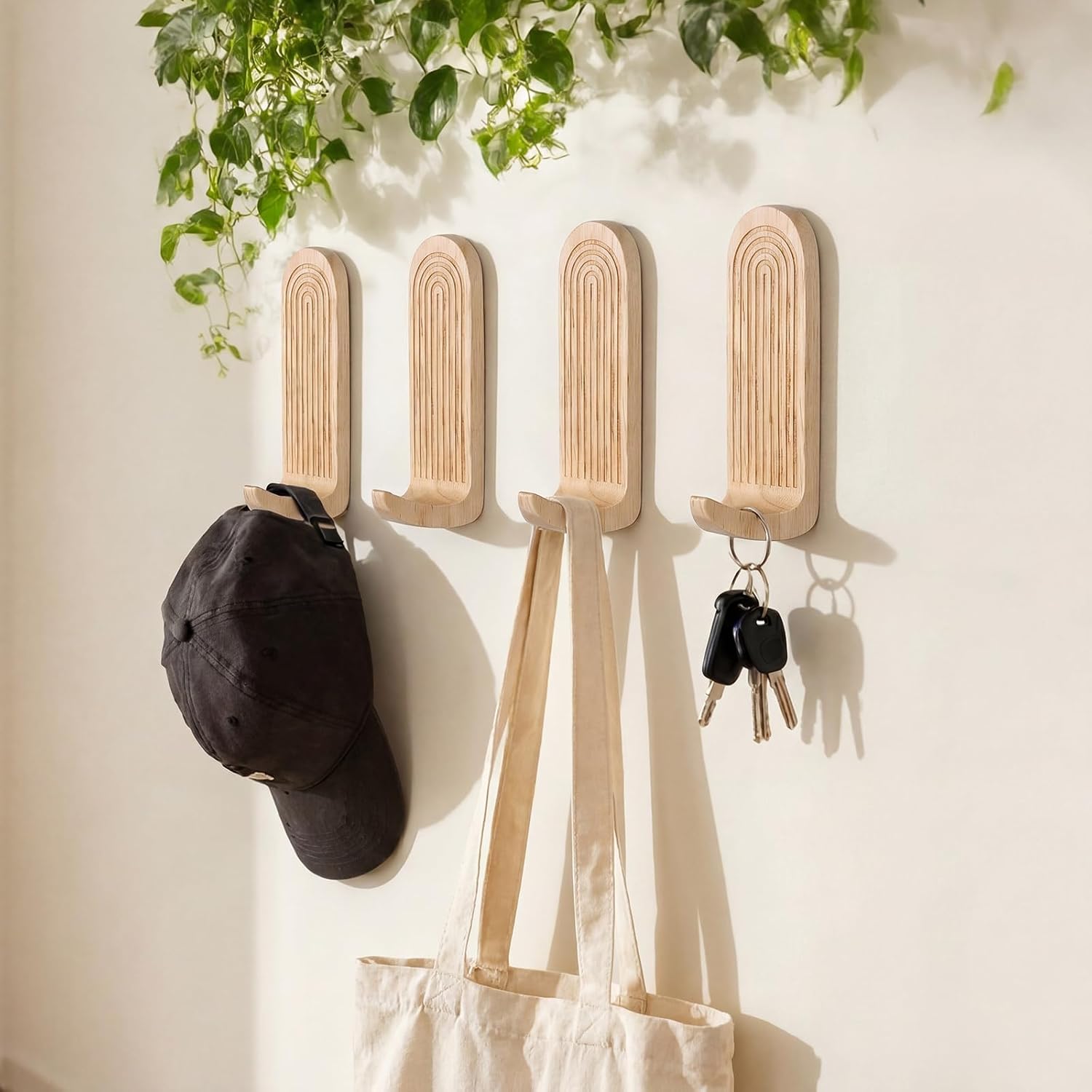 AceOrbit 4 Pcs Natural Rainbow Arch Adhesive Wall Hooks Boho Handmade Wooden No Drill Hangers Waterproof Rustproof for Hanging Hat Towels Coats Key Holder Vintage Boho Decor for Kitchen Bedroom