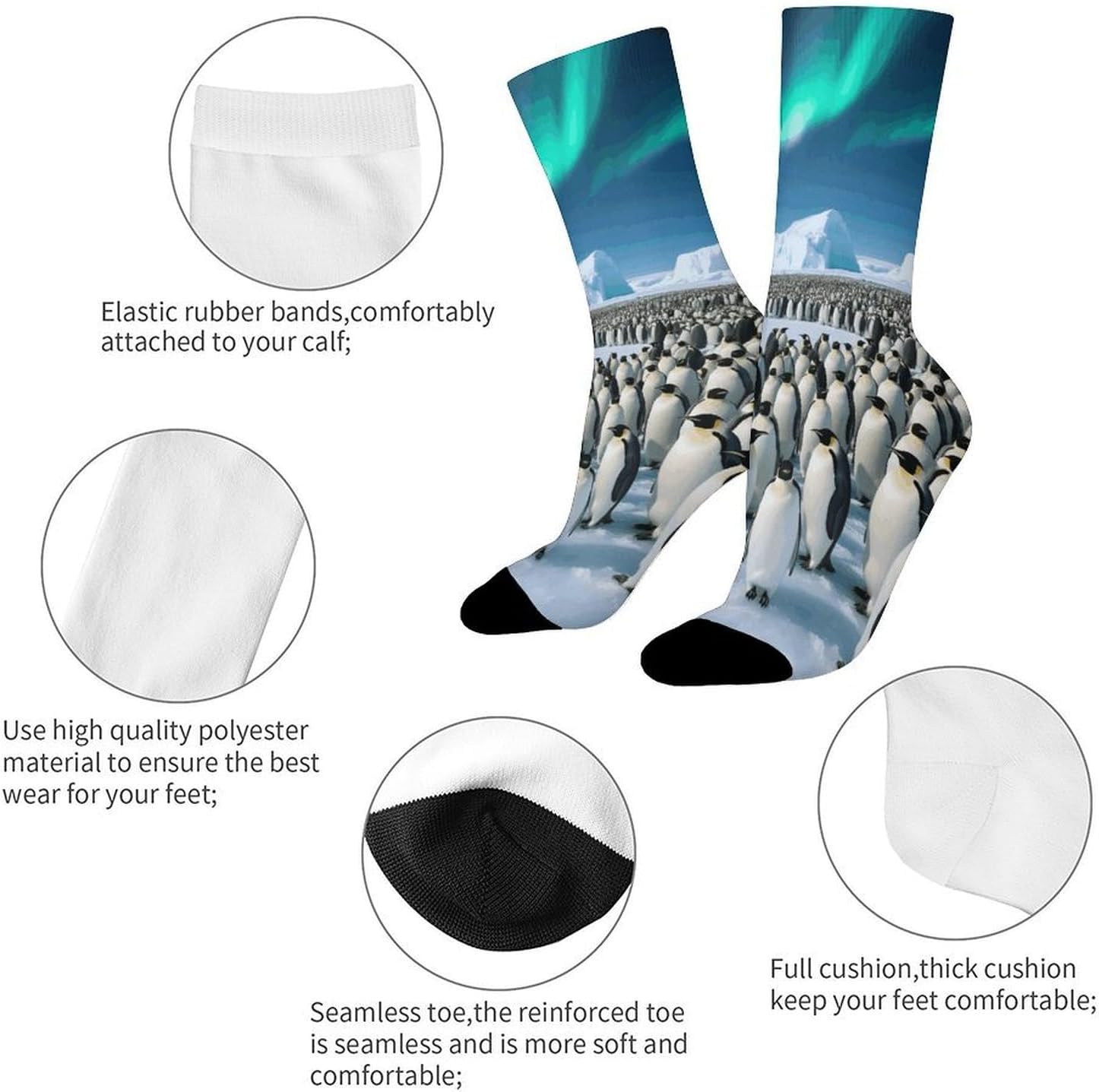 Penguin Colony Crew Socks Moisture Wicking Ankle High Cushioned Arch Support Seamless Toe Athletic & Casual