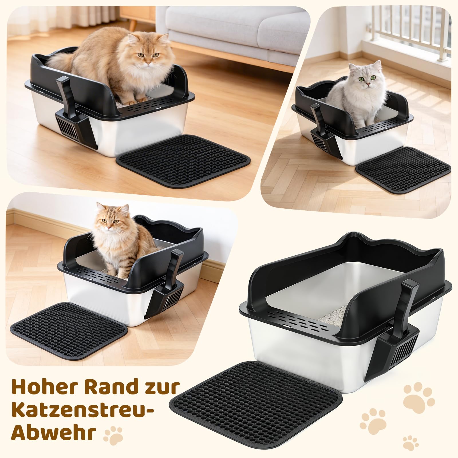 Katzenklo Edelstahl, Katzentoilette mit Schaufel und Streumatte,Katzenklo Edelstahl Kratzfest antihaftbeschichtet, geruchsresistent rutschf (XXL)