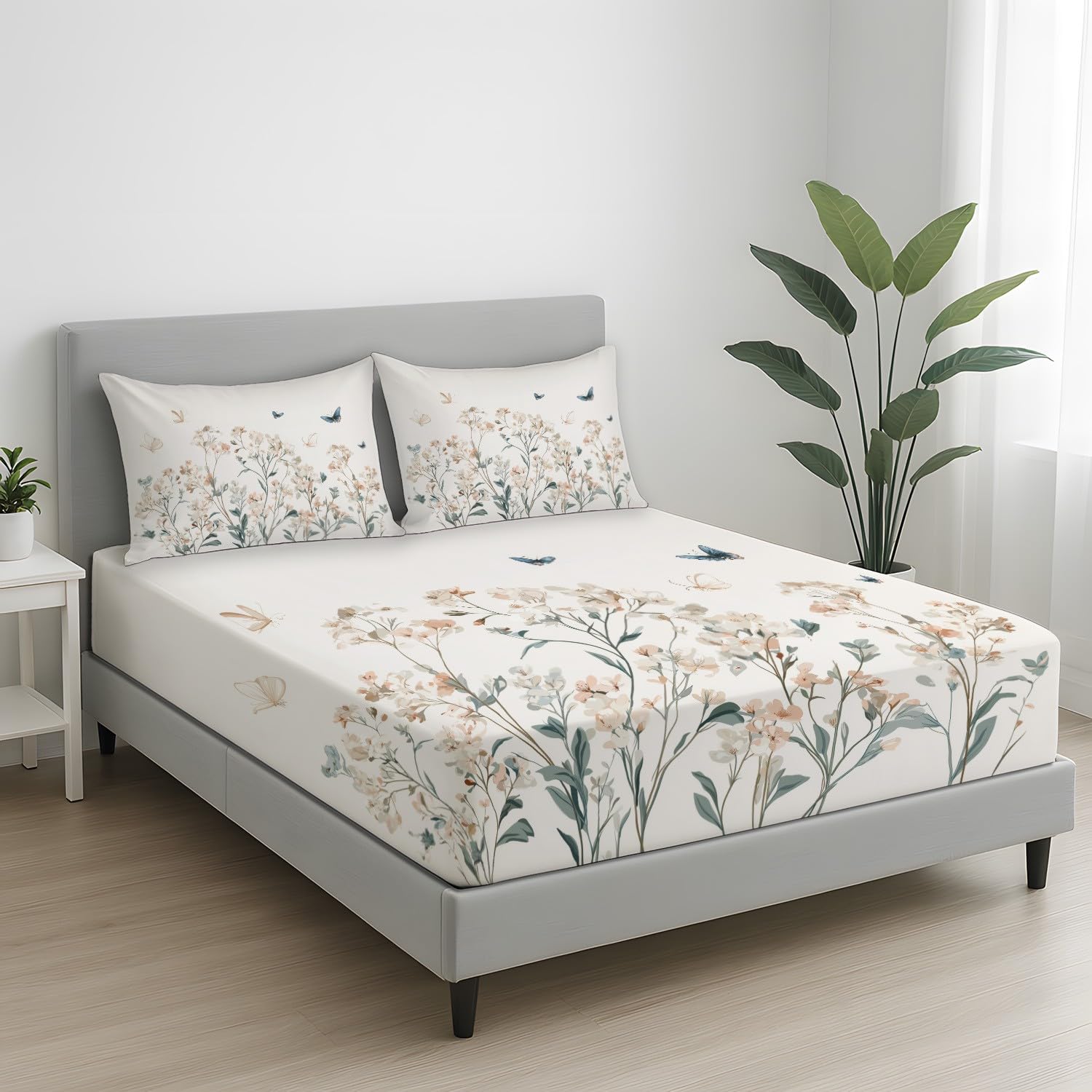 Minimalistisch Blumen Spannbetttuch 140 x 200 x 30 cm 3teilig 2 Kissenbezüge 80 x 80 cm Elegant Blumenmuster Schmetterling Spannbettlaken Set für Kinder Jugendliche Erwachsene Mikrofaser Bettwäsche