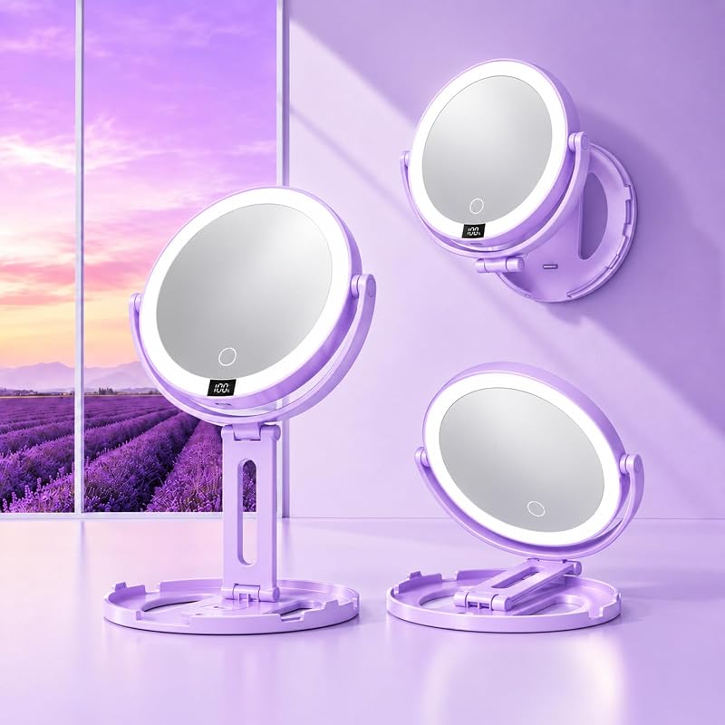 Espelho de Maquiagem Dobrável symirify com Luzes, Dupla Face e Ampliação 1X/20X