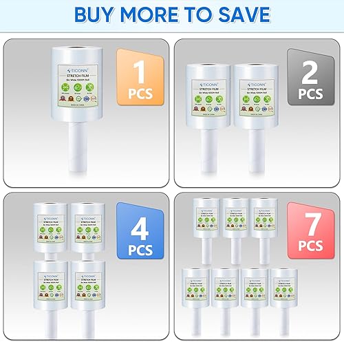 Miniatura 3 de TICONN Rollo de Película Elástica de Envoltura, 1000 pies, resistencia industrial, 5 pulgadas de ancho, envoltura de plástico transparente con asas