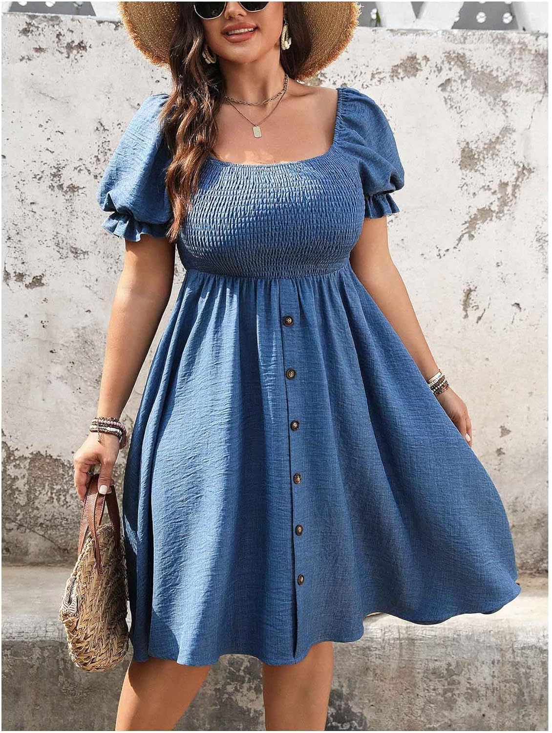 Verdusa Women's Plus Size Button Down Puff Sleeve Summer Dresses Square Neck Shirred Flowy Dress - Image 3