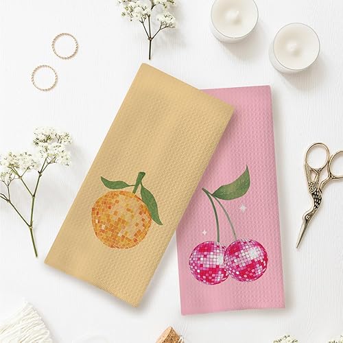 Miniatura 4 de Toallas de cocina naranja rosadas funky, toallas de mano para platos con bola de discoteca de cereza naranja de estilo retro preppy, decoración de