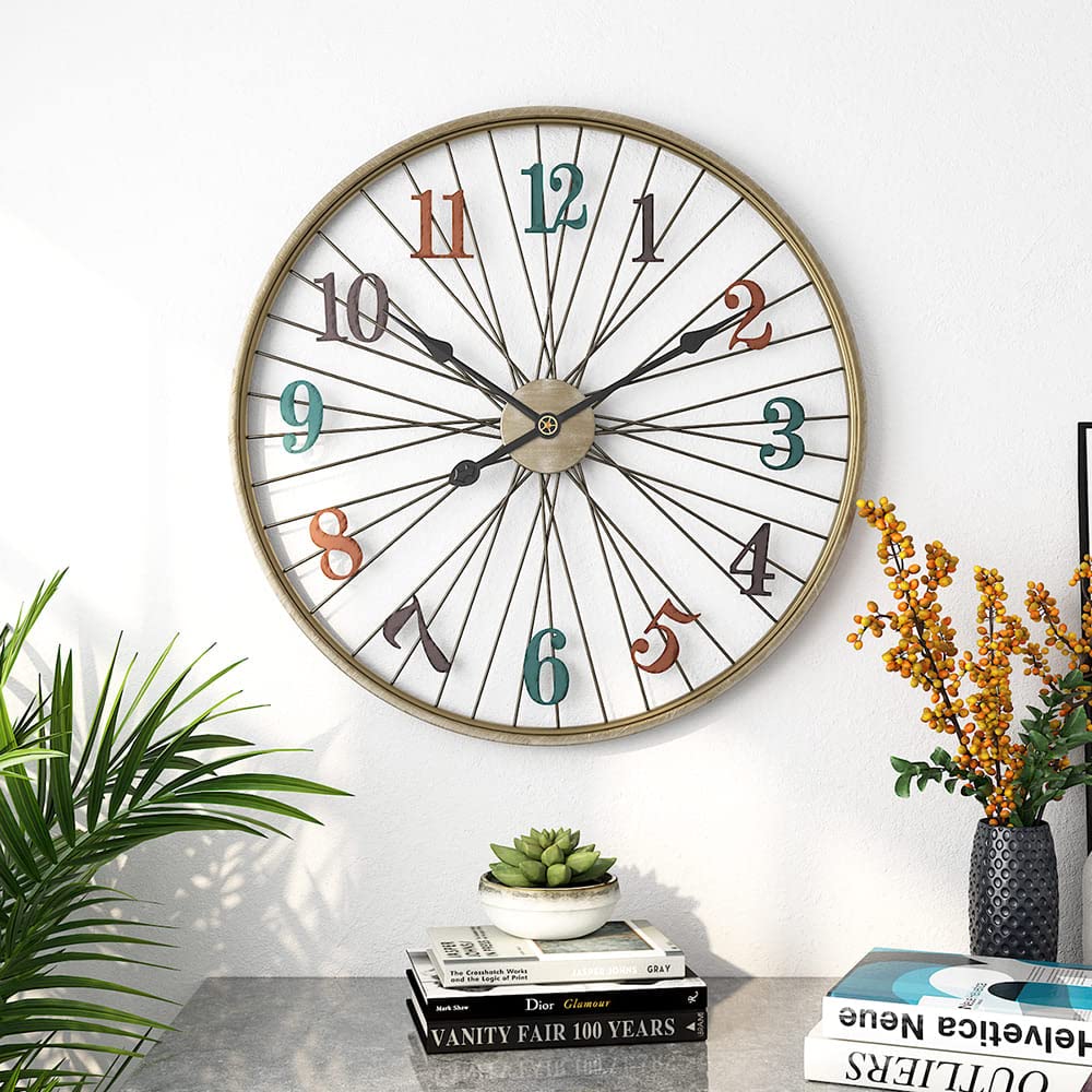 JRose Collections Reloj de pared redondo con números de color vintage de 60 cm, movimiento de cuarzo silencioso, grande, decorativo, diseño de rueda de bicicleta, para sala de estar, dormitorio,