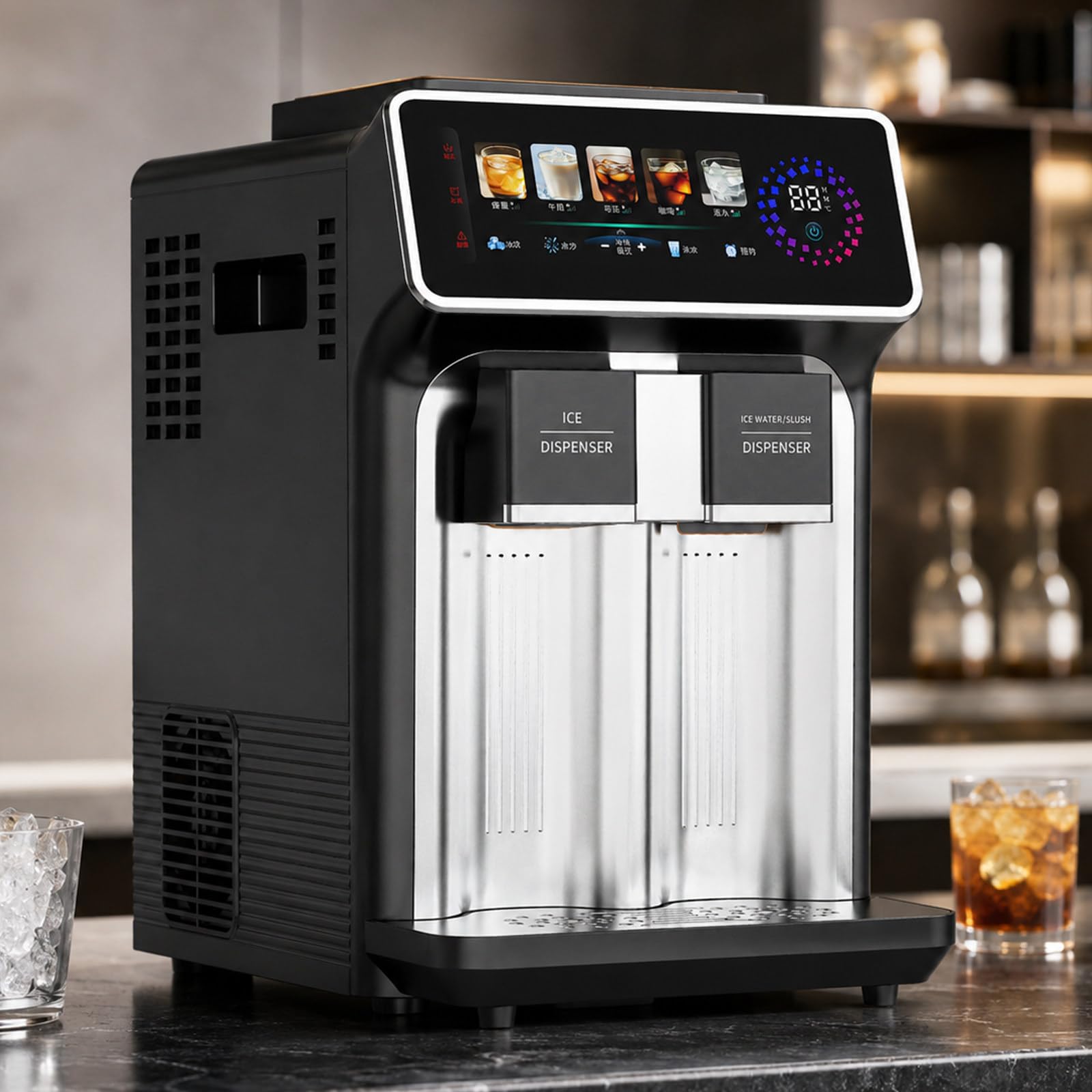 lilishangmao Ice Cube Maker Machine, Countertop Ice Maker with 1.5L Water Tank, Touch Control Panel, Chilled Water Dispenser and Icy Drink Function for Kitchen, Office and Parties
