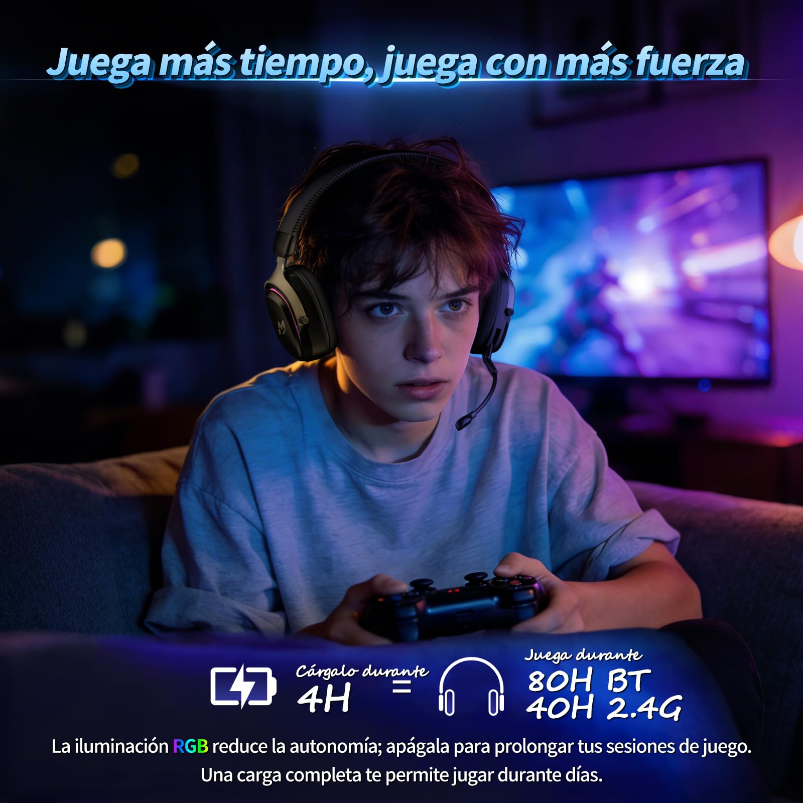 MANKIW Cascos Gaming Inalámbricos para PS5/PS4/PC/Switch, 2.4G & Bluetooth 6.0, Cascos Inalámbricos Gaming con Sonido Surround 7.1, Micrófono con Cancelación de Ruido, RGB, 60+ Horas, Drivers de 50 mm