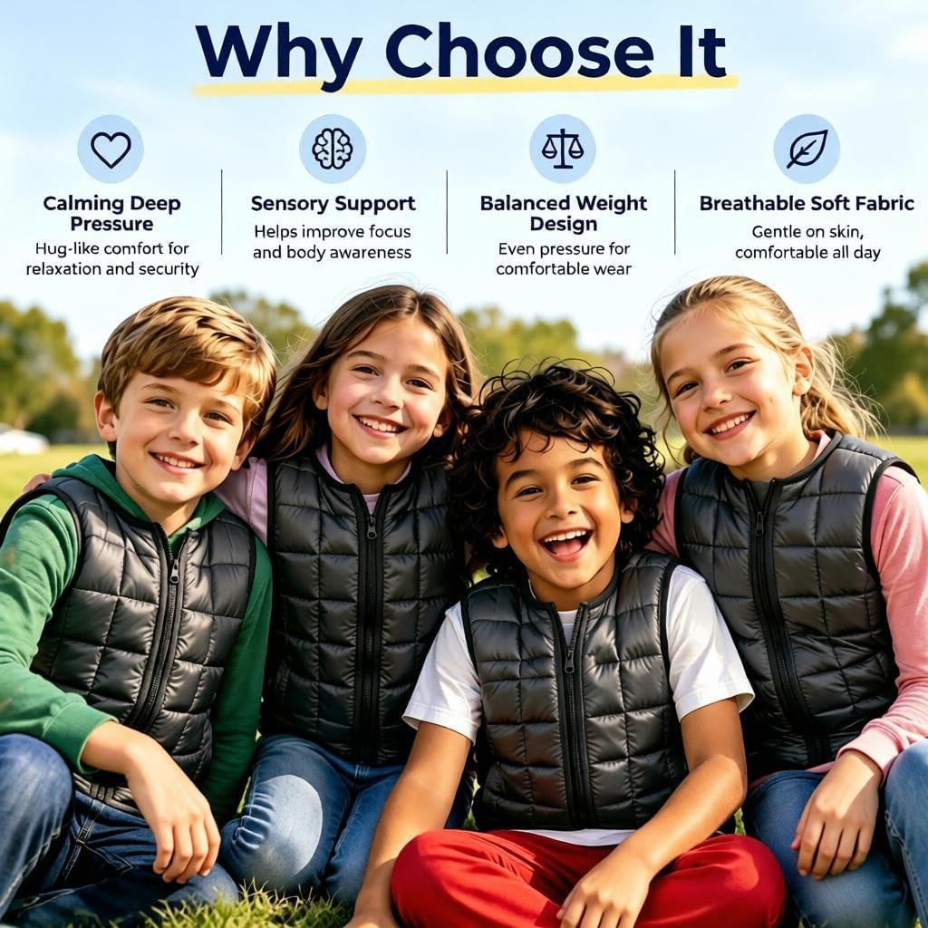 Weighted Vest for Kids，Sensory Calming Support for Children with 2lb, 3lb, 4lb Weights(Ages 2-13) ,Breathable & Washable for Active Play(Grey)