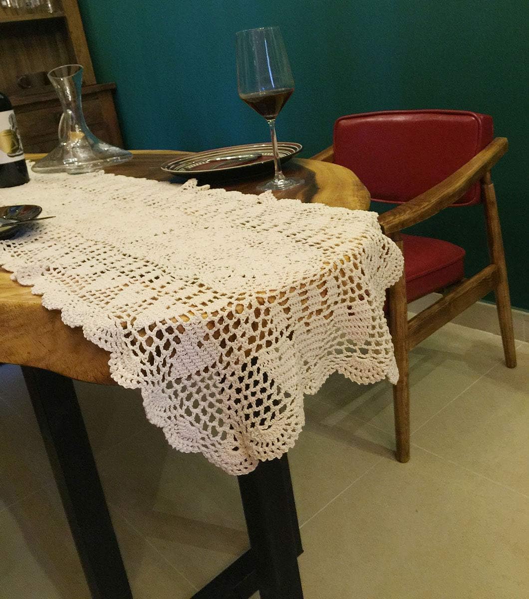 Beige Handmade Crochet Doilies Cotton Table Runner Lace Doilies Doily Rectangle Dresser Scarves for bedrooms,16 by 63 Inches.