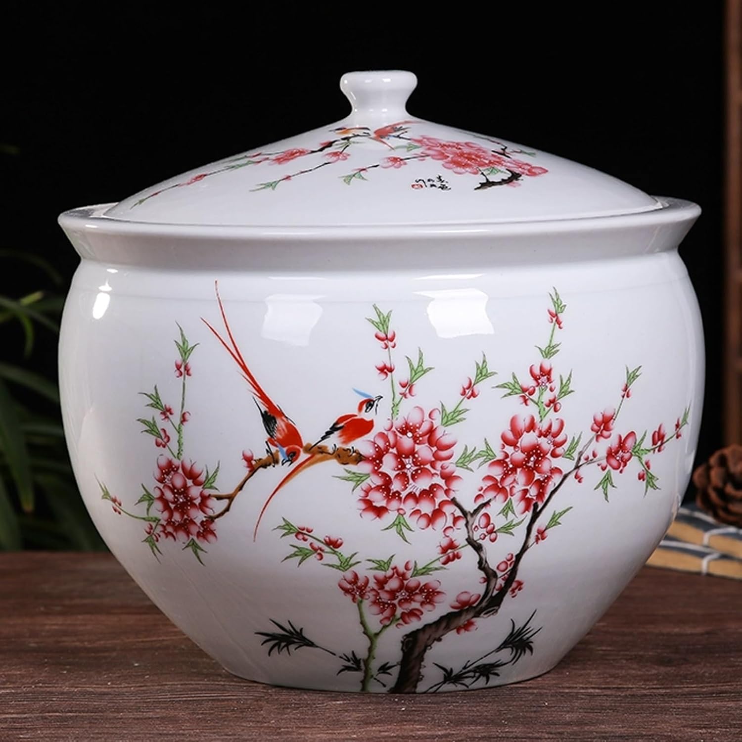 JKGHK Rice Container, Ceramic Rice Cylinder with Lid, Household Rice Bucket, Chinese Jar Ceramic Decorative, for Coffee, Sugar, Tea, Flour and More(White G,5kg)