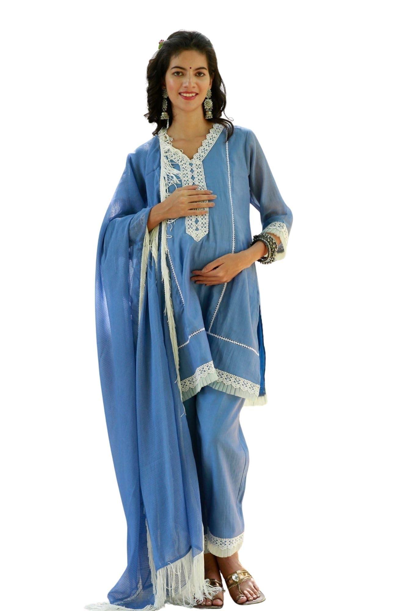 Luxe Sky Blue Chanderi Maternity & Nursing Kurta Set with Bottom & Dupatta, 3 Piece Ethnic Wear-image-5