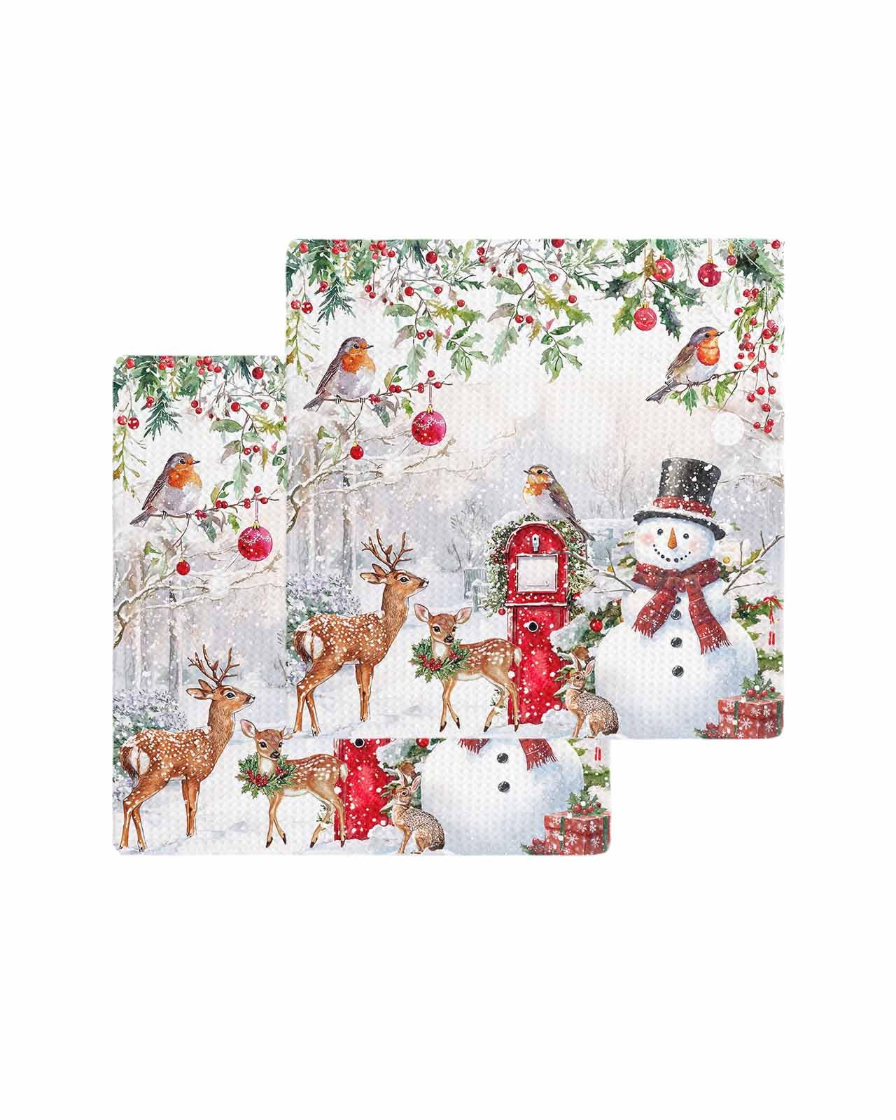 Hokiten Christmas Waffle Kitchen Towels Dishcloths, Snowman Elk Snowflake Xmas Botanical Absorbent Dish Towels | Hand Towels for Bathroom/Bar, 12 x 12 Inch, 2 Pcs