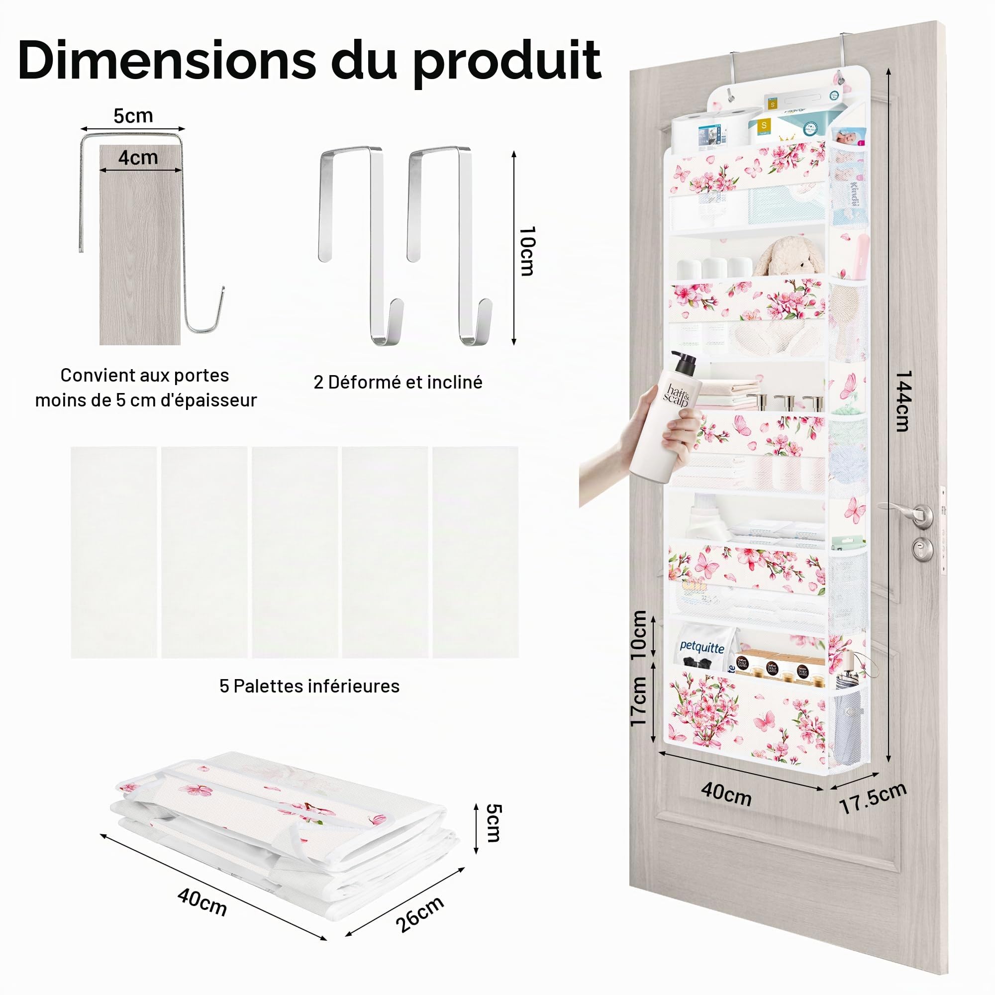 Clastyle Organisateur Suspendu Tissu Fleur Rangement Suspendu Femme Filles pour Jouet Couche Vêtement Étagère Suspendue Porte pour Chambre Salle de Bain Pantry, Fleur de Cerisier, 5 Compartiments