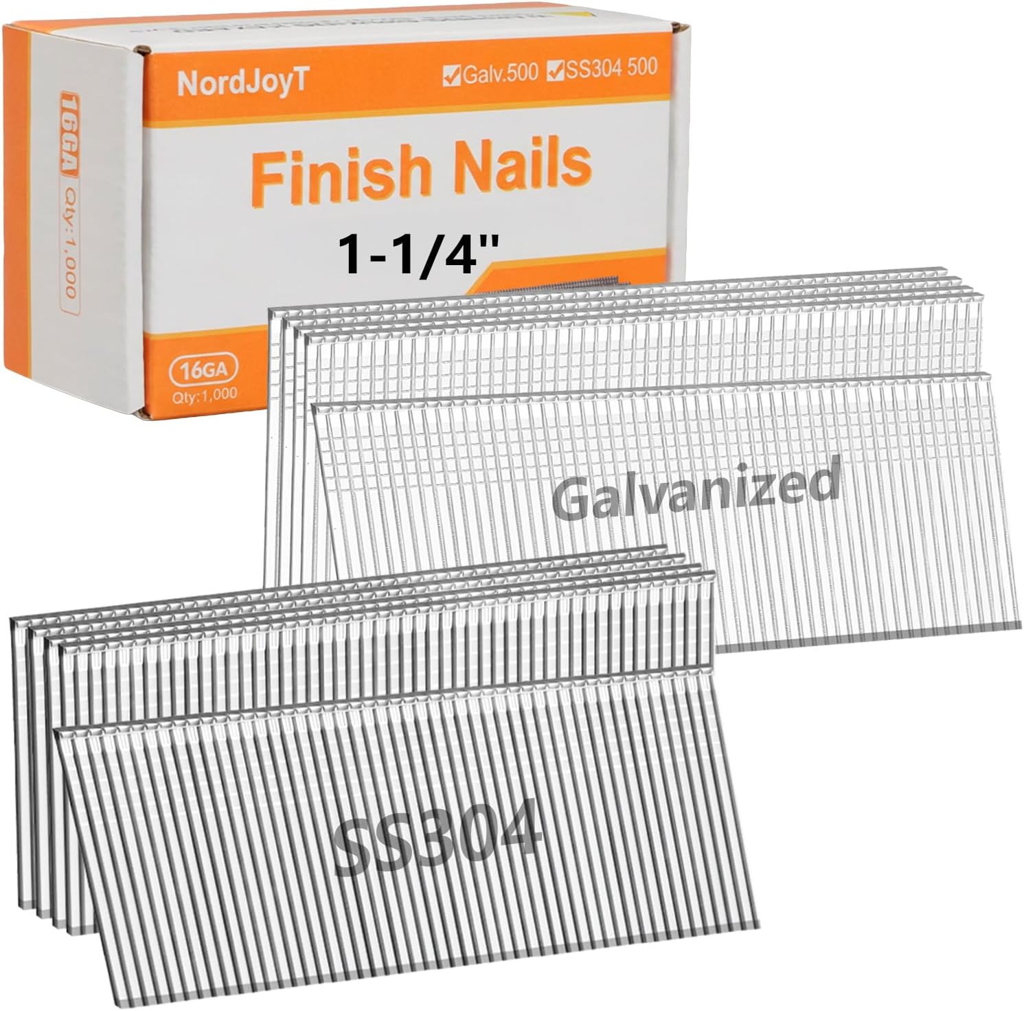16 Gauge Straight Finish Nails 1-1/4 Inch 1000-Count Mixed Pack | 500 304 stainless Steel & 500 galvanized assorted pack small finishing nails for pneumatic & electric 16GA finish nailer gun