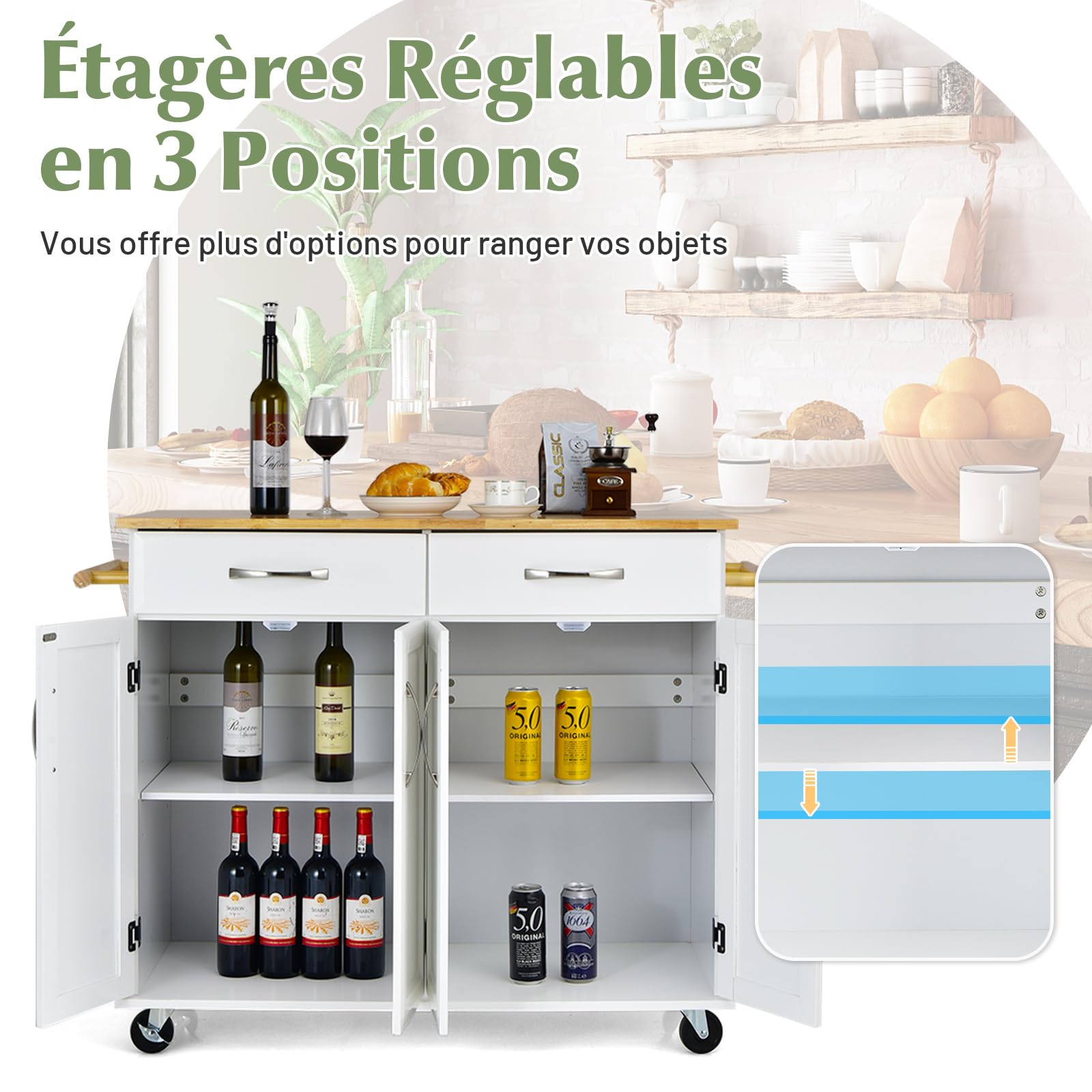 COSTWAY Desserte de Cuisine sur roulettes avec Comptoir en Bois D'hévéa, Chariot de Service à 4 Portes avec Étagères Réglables, 2 Grands Tiroirs, Porte-Serviettes, 48 x 122 x 93 cm, Blanc