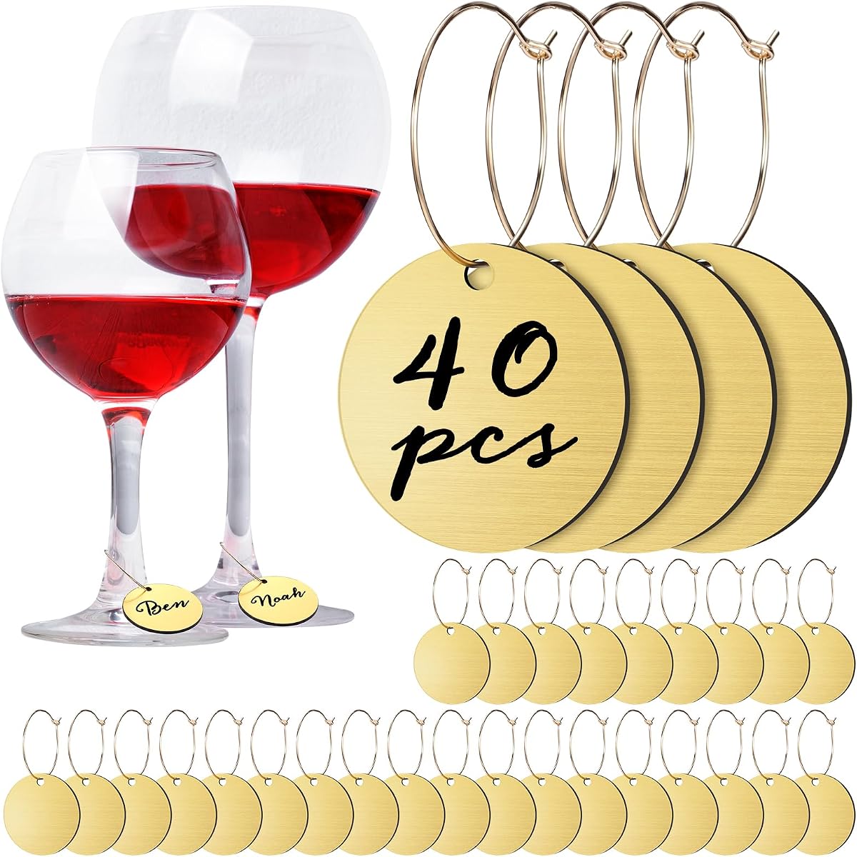Todiamo 40 piezas de abalorios de vino para copas de cóctel, champán, redondos | Dijes acrílicos para vino, etiquetas de anillos dorados, rotulador, etiquetas de nombres de vidrio en blanco a granel, recuerdo de fiesta de Navidad de Acción de Gracias de boda
