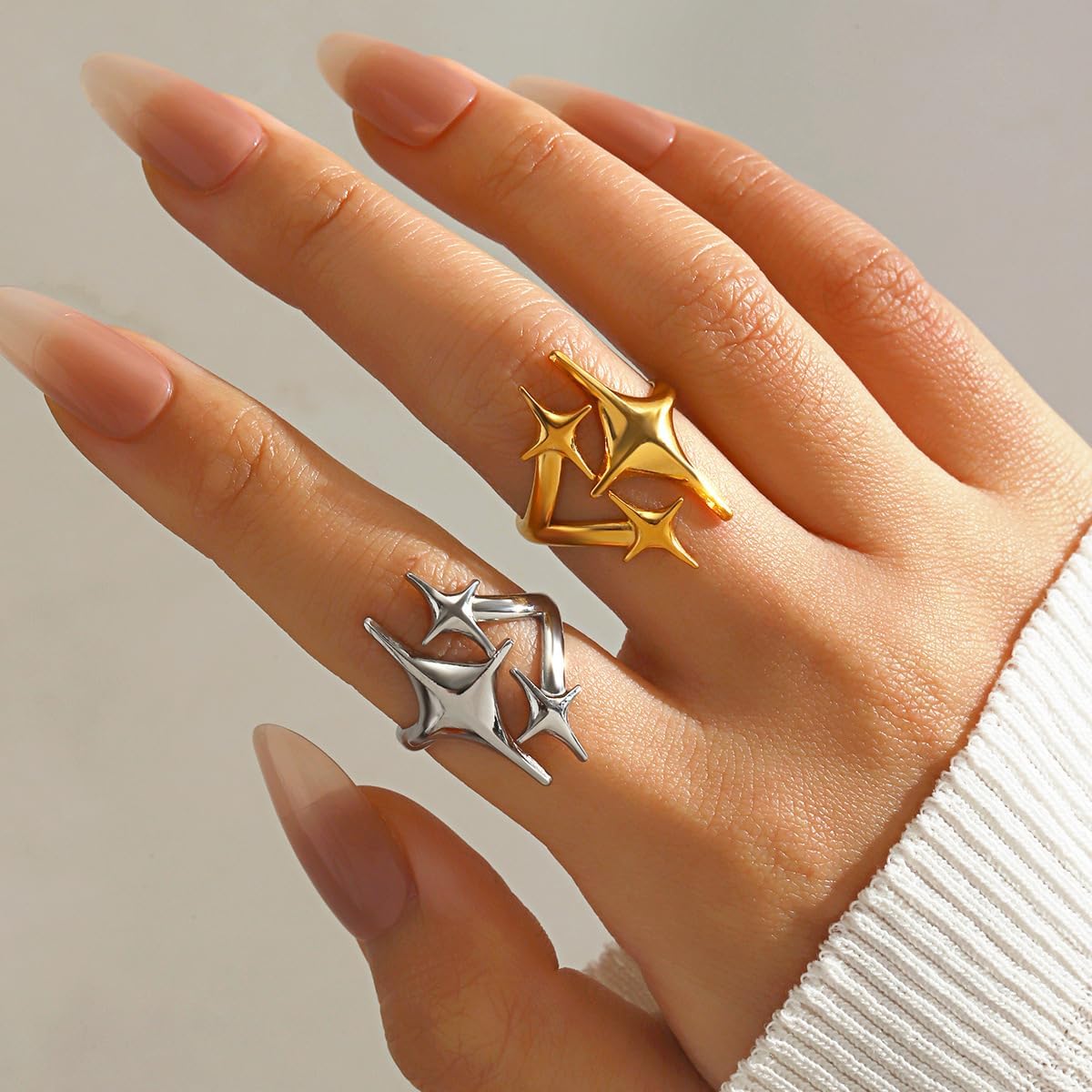 2Pcs Y2k Rings for Women Gold Silver Star Statement Rings Punk Grunge Goth Chunky Rings Adjustable Open Ring Set Fashion Irregular Cool Stacking Thumb Ring Trendy Birthday Christmas Gift - Image 2
