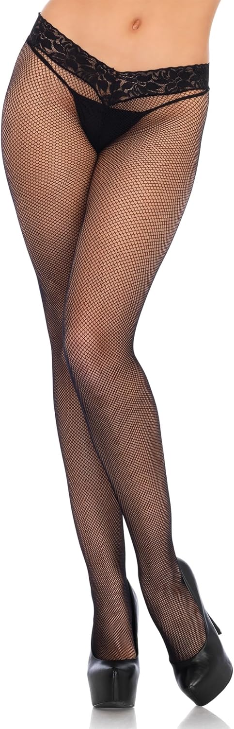 Leg Avenue Women's Low Rise Lace Top Micro Fishnet Tights, Black, One Size