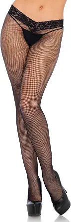 Leg Avenue Women's Low Rise Lace Top Micro Fishnet Tights, Black, One Size