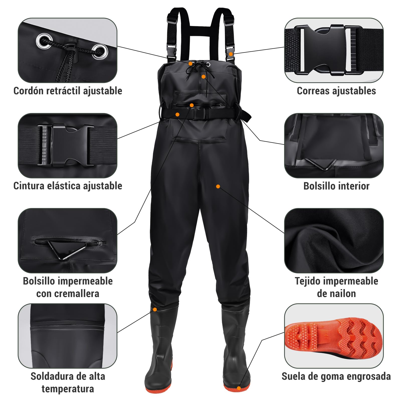 IEEILULU Pantalones de Pesca con Botas, Vadeador para Hombre, Nylon Pantalones de Pesca Impermeables Transpirables 40-47, Vadeadores de Pesca para Regalo Amantes de Pesca y Deportiva