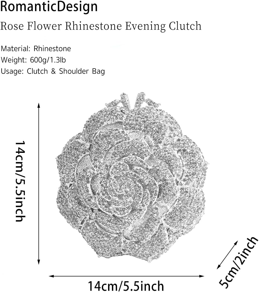 RomanticDesign Women Round Rose Flower Rhinestone Clutch Bag Elegant Crystal Bride Purse for Evening Party Prom Wedding