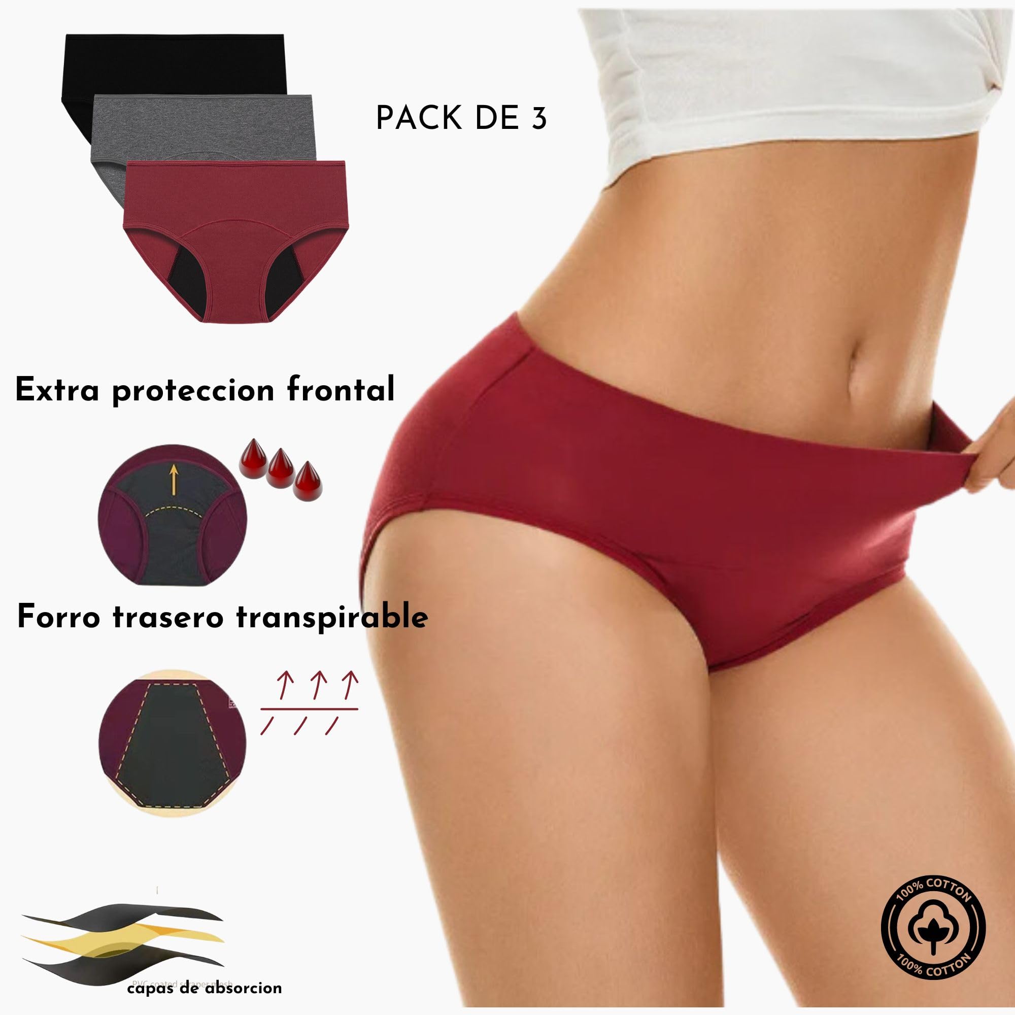Bragas Menstruales Flujo Abundante, Pack de Periodo Menstrual, Bragas Postparto Mujer, Absorbentes, Lavables, Cómodas y Transpirables, Pack de 3 Bragas menstruales 2 compresas y bolso (S)
