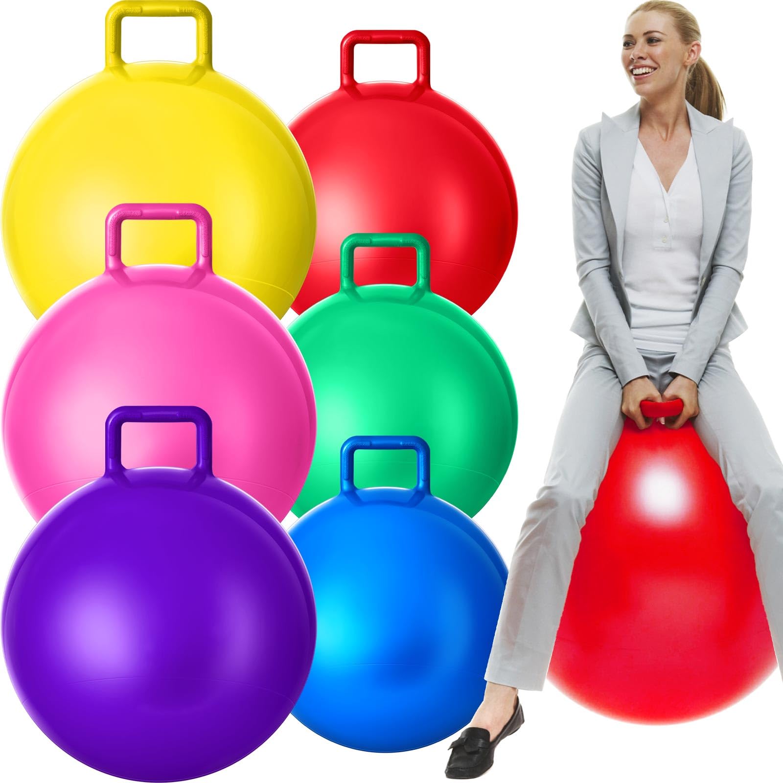 Photo 1 of ** ONLY 4 PCS ** Lewtemi 6 Pcs Hopper Ball 22 Inch 29 Inch Jumping Hopping Inflatable Bouncing Ball with Handle and Air Pump for Indoor Outdoor Games Sport Exercise Fun Easter Basket Stuffers Gifts(Rainbow Colors)