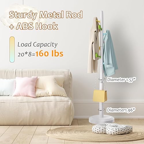 Vista 3 de Perchero independiente, 2 percheros de altura ajustable con 8 ganchos de ABS, árbol de abrigo para niños con base redonda resistente, soporte Blanco