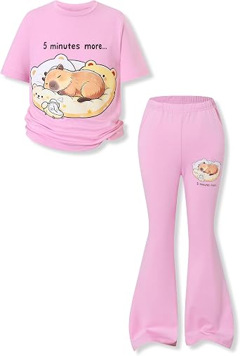 KIDLAGA Girls 2 Piece Outfits Short Sleeve Shirts & Flare Pants Set with Pockets Summer Casual Girl Clothes Size 8-12Y