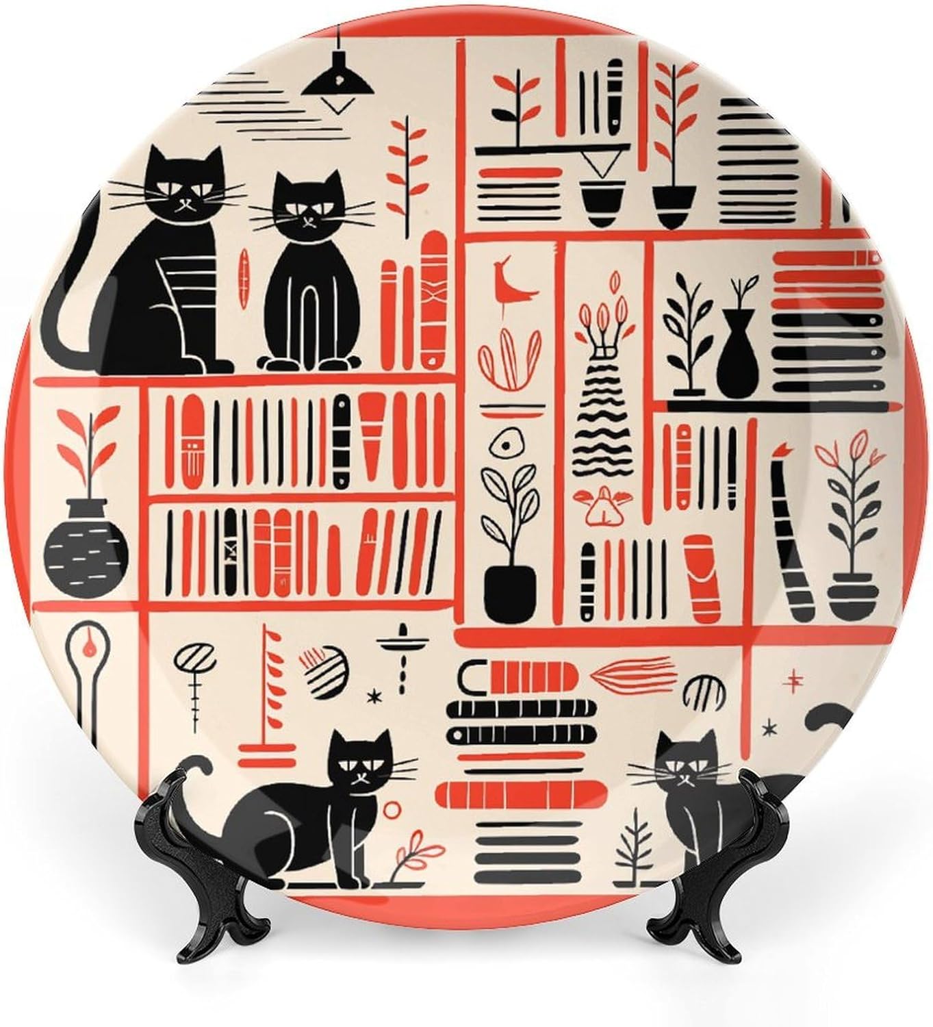 Book Or Cat Decorative Plates for Display Round Porcelain Plate Living Room Table Ceramic Hanging Decorative Plate Art Decor for Living Room Table with 1 Display Stand 10inch