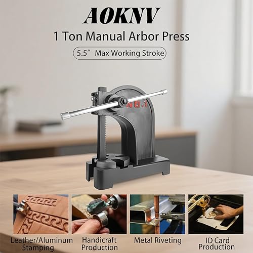 Miniatura 3 de Prensa de eje de 1 tonelada con volante, altura máxima de 5.5 pulgadas, prensa manual de escritorio de hierro fundido, prensa manual de precisión