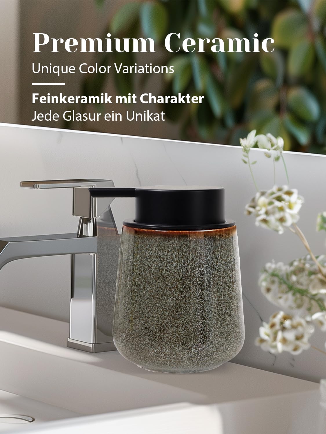 Seifenspender aus Natürlichem Porzellan Spülmittelspender, 350ml Seifenspender Steingut Soap Dispenser für Bad, Küche, Nachfüllbar Flüssigseife Spender mit Groß Pumpenkopf, Grün Braun
