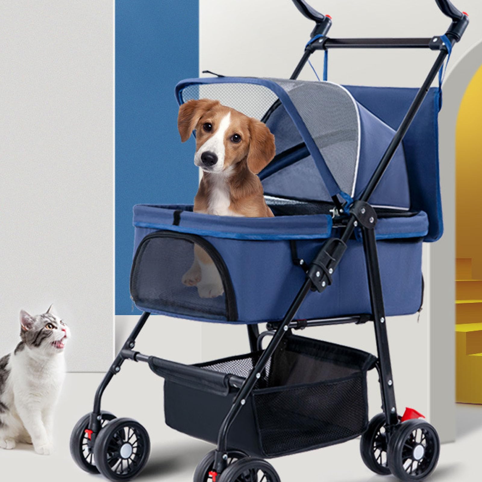 Passeggino per Cani 3 in 1, Passeggino Pieghevole per Animali Domestici con Cestino portaoggetti e Maniglia Regolabile, Passeggino da Jogging per Cani e Gatti,Nero