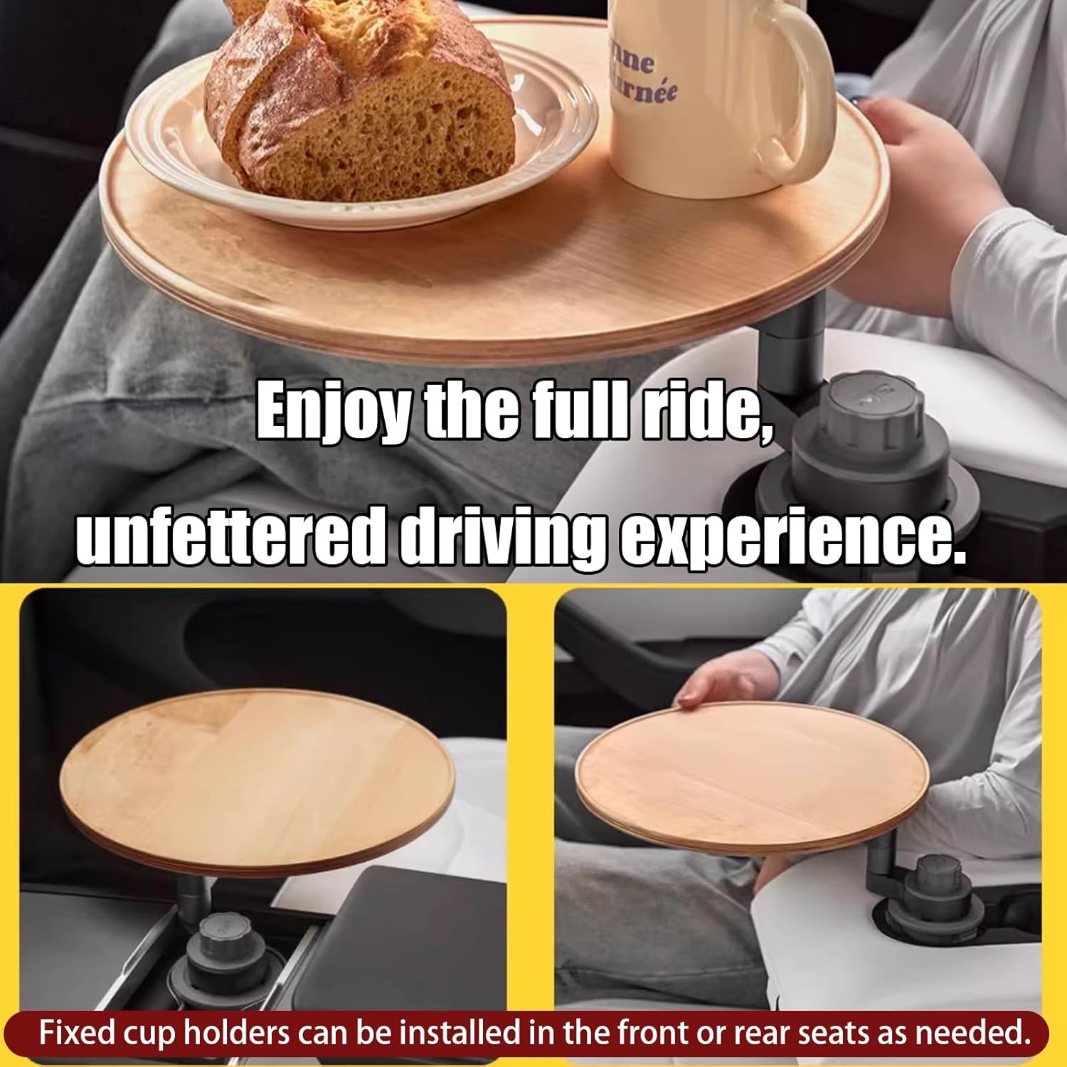 Rv Dinette Table, Car Tray & Car Desk For Laptop, Snap On Tea Drinking, 360° Rotating Wood Cup Holder Table, Steering Wheel Tray, Cars Accessories, 5KG Load，Multi Purpose Organizer(Brown)