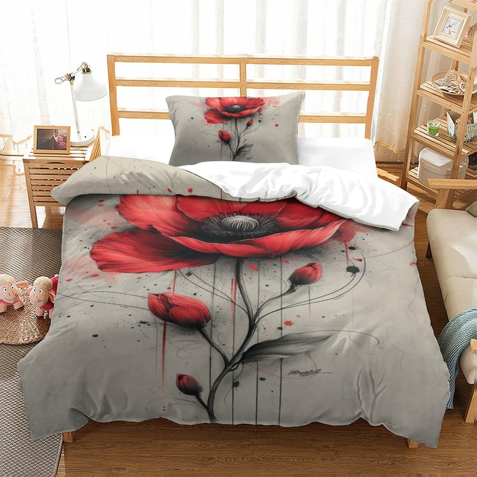 Housse de couette fleurs rouges 3D pour transformer la décoration d'une chambre d'ado